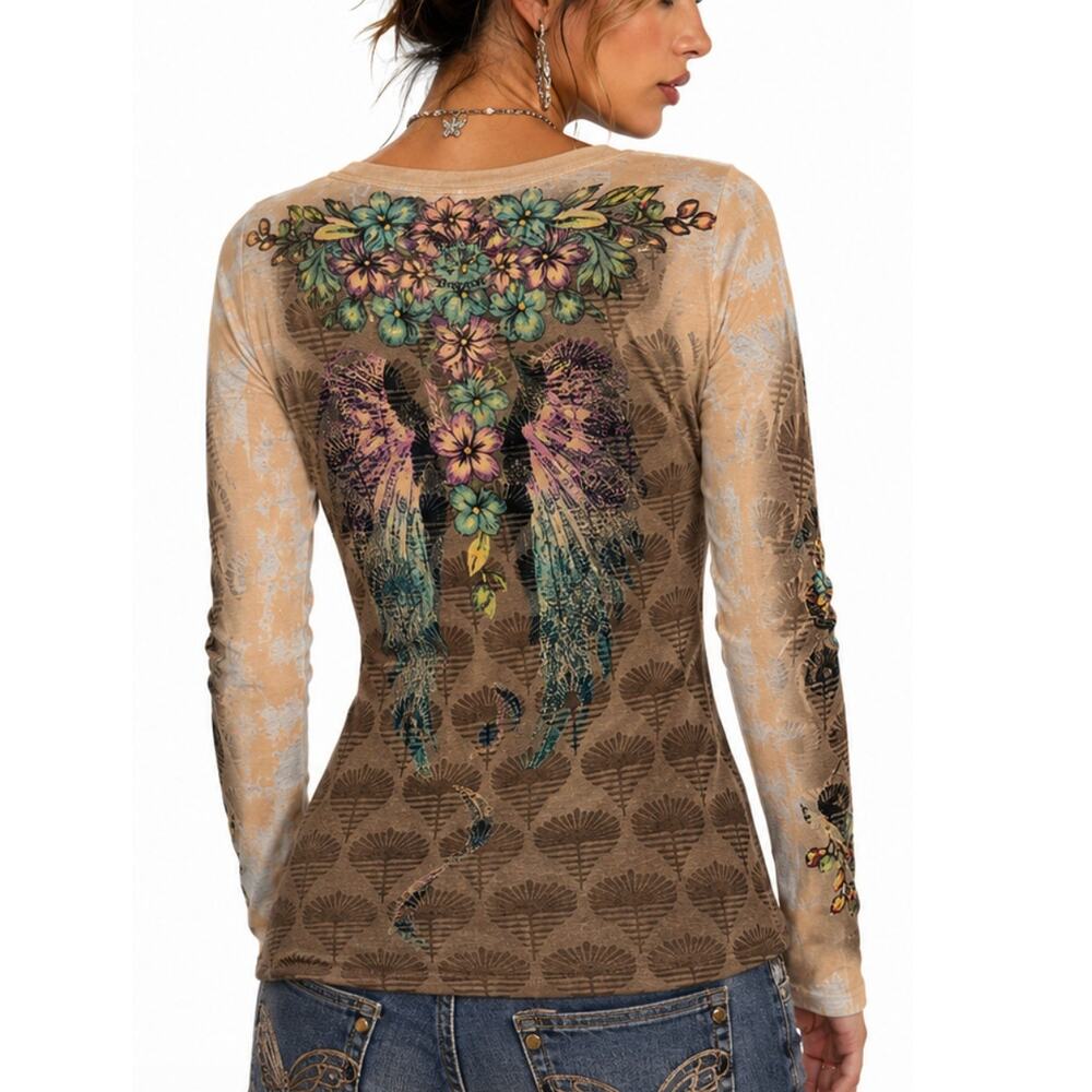 Butterfly Dropout Sheer Burnout Y2K Graphic Henley Top Boho Fairygrunge Indie M - Picture 2 of 13